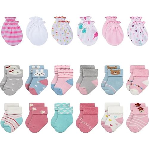 RATIVE Bundle No Scratch Mittens and Newborn Socks 0-6 Months for Baby Girls