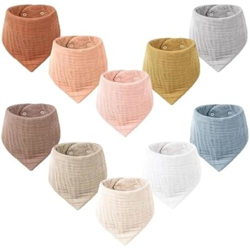 Konssy Muslin Baby Bibs 10 Pack Baby Bandana Drool Bibs 100% Cotton for Unisex Boys and Girls, Soft Absorbent Set for Teething and Drooling