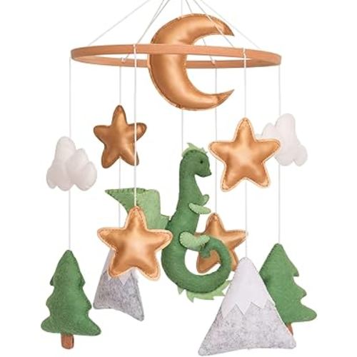 Dragon Baby Mobile, Forest Mobile for Crib, Crib Mobile for Boys and Girls, Nursery Mobile for Bassinet, Pack and Play, Moon, Green Dragon, Cloud, Star, Mountain, Tree