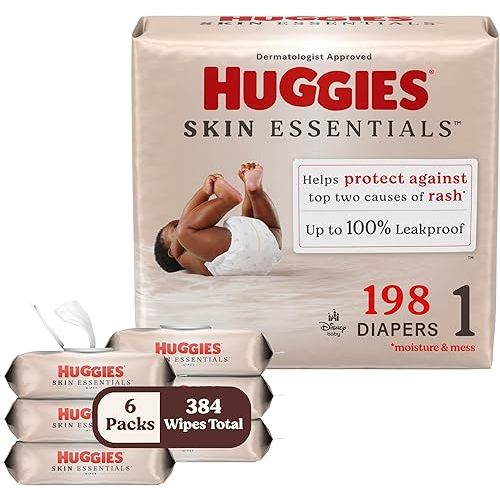 Bundle of Huggies Size 1 Diapers, Skin Essentials Baby Diapers, Size 1 (8-14 lbs), 198 Count (3 Packs of 66) + Huggies Skin Essentials Baby Wipes,99% Water, 6 Flip Top Packs (336 Wipes Total)