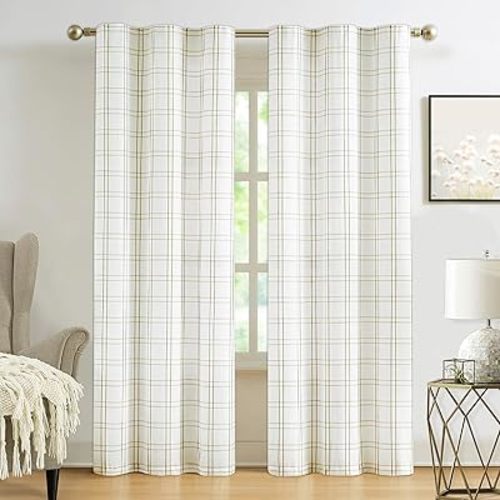 Amzdecor Buffalo Plaid Window Treatment Set,Light Filtering Curtain Woven Lines Pattern Drapes for Living Room and Bedroom, Semi Sheer Rod Pocket Modern Farmhouse Style 2 Panels 40"x90",Linen&White