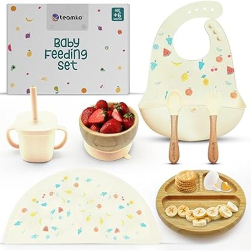 TEAMKO® Silicone Baby Feeding Set: Bamboo Baby Plate and Bowl, Bib, Utensils, Cup & Placemat - Bamboo Kids Plates - Ideal for Baby Led Weaning + Nutritional Guide