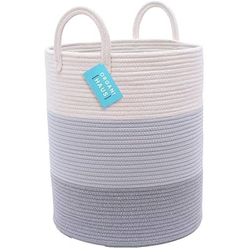 OrganiHaus Large Gray Woven Laundry Basket w/Handles 52L, Rope Dirty Clothes Hamper, Blanket Basket for Living Room, Baby Laundry Hamper for Nursery, Soft & Durable Decorative Organizer Bin
