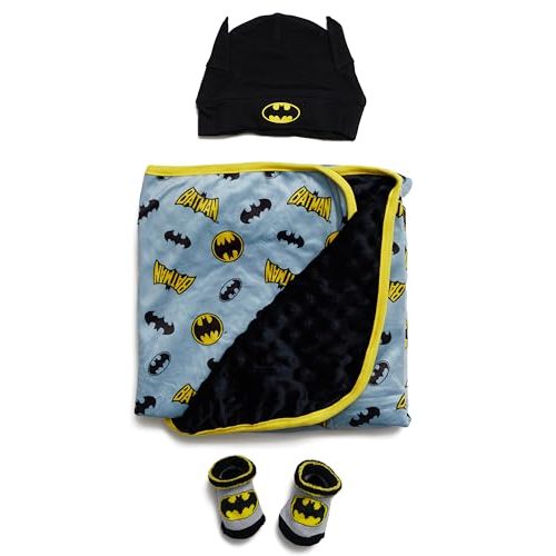 BATMAN Baby Boys Blanket, Hat, and Socks Set Baby Plush Polar Fleece Blanket 35x35 Baby Gifts (Black/Yellow, 0-12 Months)