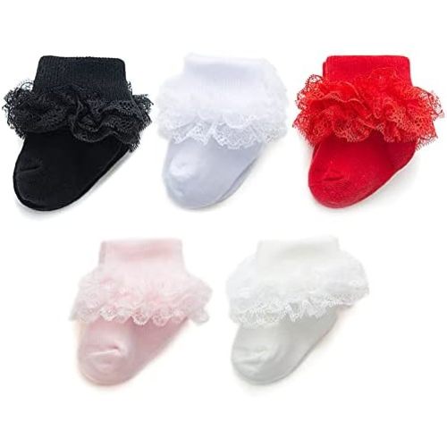 Baby Girl Socks Eyelet Triple Lace Ruffle Socks Turn Cuff Socks 2/3/5 Pairs Ankle Dress Sock for Newborn Infant Toddler