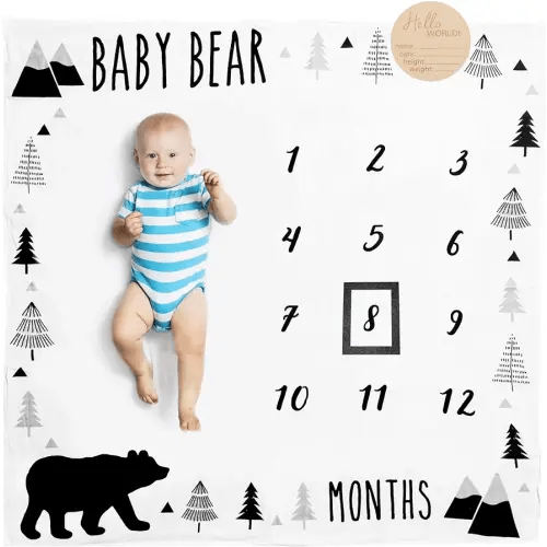 Pondering Pine Organic Baby Monthly Milestone Blanket Boy - Baby Bear Blanket with Month Marker Frame and Newborn Announcement Disc - 1-12 Months Milestones, Woodland, 47”x47”