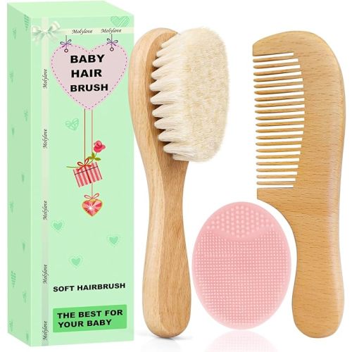 Baby Hair Brush, Baby Hair Comb, Cradle Cap Brush Set for Newborns and Toddlers,Goat Bristles Brush, Wood Comb l Purple Cradle Cap Brush| Ideal for Cradle Cap 3PCS