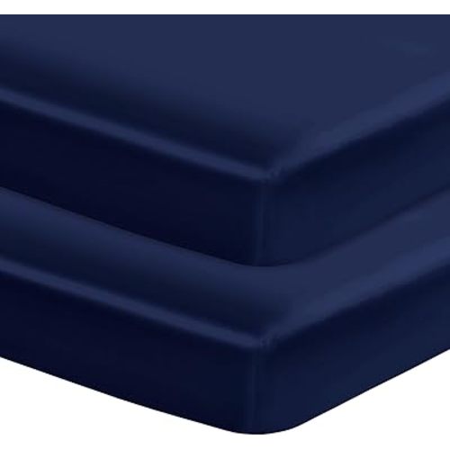 Entisn Satin Crib Sheets 2 Pack, 28 x 52 x 8 Inch Soft Fitted Crib Mattress Sheets for Baby Boys, Navy Blue Nursery Bedding Protect for Skin and Hair
