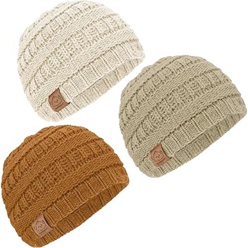 3-Pack Baby Beanies for Boys, Girls - Stretchy Knit Baby Hats, Cute Newborn & Toddler Winter Hat, Soft & Warm Infant Beanie 6-36 Months (Latte, M)