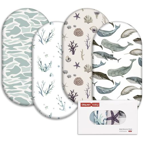 Gllquen Baby Bassinet Sheets 4 Pack, Breathable Cozy Fitted Mattress Sheet, Elastic Travel Crib Fashionable Floral Pattern, Standard Cradle Safe Sheets for Baby Boy Girls 32"X16" (Marine)