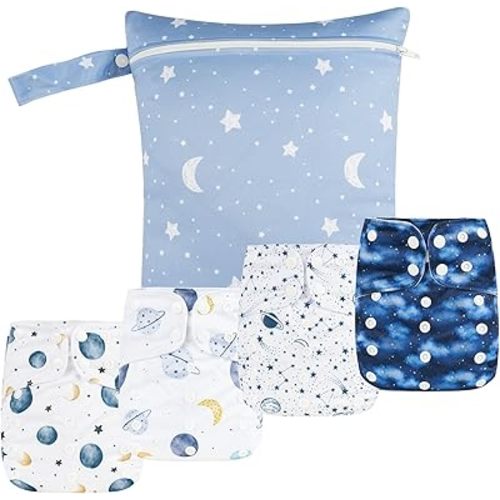 HappyFlute 9 Sets Newborn Baby Cloth Pocket Diapers Adjustable Reusable for Baby Boys and Girls(6-33 pounds,0-3 Years),One Wet Bag+4Diapers and 4Inserts (AD09)