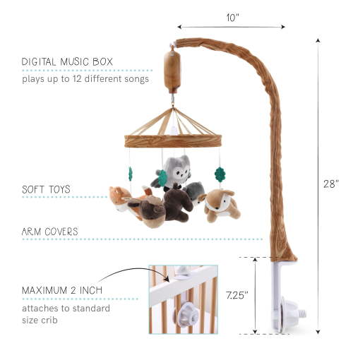 The Peanutshell Whimsical Woodland Baby Musical Crib Mobile, 12 Lullabies