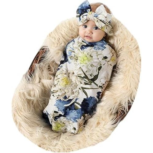 Galabloomer Receiving Blanket Headband Set Flower Print Baby Swaddle Receiving Blankets