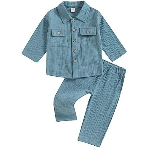 VISGOGO Toddler Boy Linen Outfit Baby Boy Fall Winter Clothes Set Button-Down Shirt Tops Cotton Linen Pants 2PCS