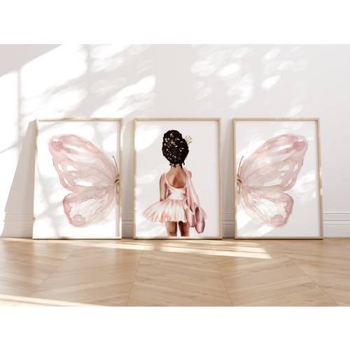 African American Ballerina & Pink Split Butterfly Wings, Ballet Set of 3 Wall Art for Girl's Nursery, Personalized Prima Ballerina, DIGITAL