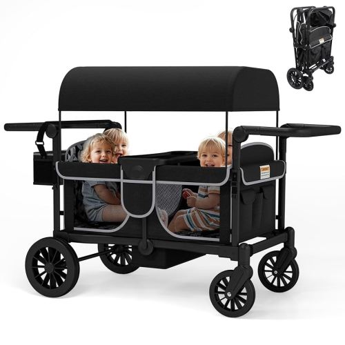 Wagon Stroller for 4 Kids, Foldable 4 Seats Outdoor Stroller Wagon with Canopy, Adjustable Handlebars, 5-Point Safety Harness, Detachable Tray, Portable Bag, Black