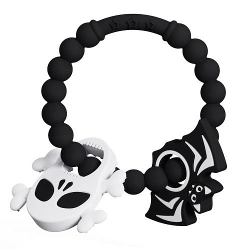 Halloween Baby Teething Ring Toys – Skull & Bat Silicone Teethers for Newborns, Infants & Toddlers – Sensory Chew Bracelet for Teething Relief – Perfect Baby’s First Halloween Basket Stuffers