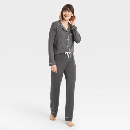 Women's Beautifully Soft Long Sleeve Notch Collar Top and Pants Pajama Set - Stars Above™, Color: Heathered Gray, Size: L