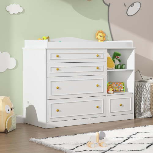 ChVans Changing Table Dresser, Baby Classic Nursery Dresser with 5 Drawers and 2 Shelves, Wood Chest of Drawers Nursery Storage Kids Organizer