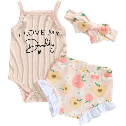 VISGOGO Baby Girl Clothes Daddy Saying Letter Print Knit Rib Romper Floral Print Shorts Headband 3Pcs Set