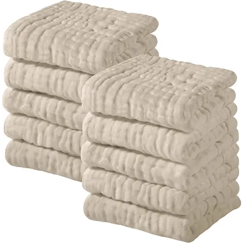 Yoofoss Muslin Baby Washcloths 100% Cotton Face Towels 10 Pack Wash Cloths for Baby 12x12in Soft and Absorbent Baby Wipes (Apricot)
