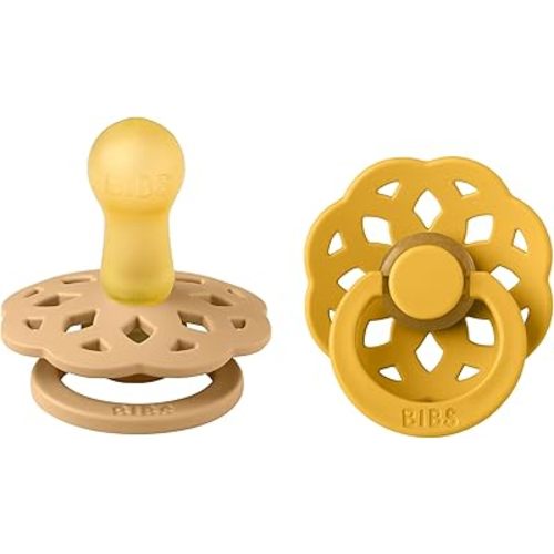 BIBS Boheme Pacifiers 2 Pack BPA Free Cherry Shape Nipple Natural Rubber Latex Made in Denmark | Sand/Honey Bee
