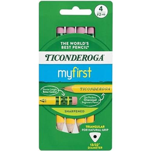 Ticonderoga My First Short Triangular Wood-Cased Pencils, 2 HB Soft, With Erasers, Yellow, 4 Count