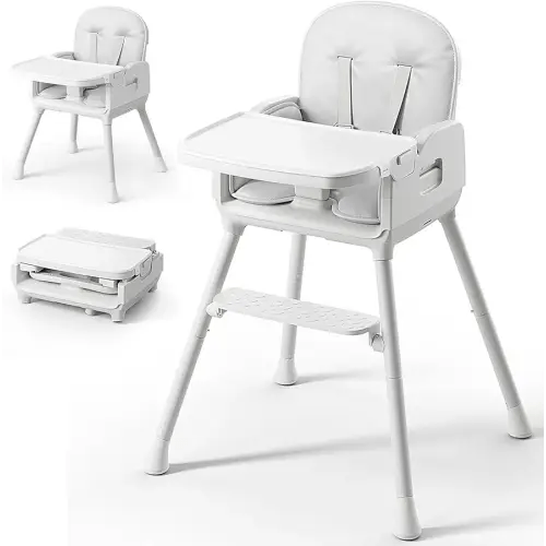 3-in-1 Portable Baby High Chair for Babies and Toddlers, Convertible Easy Clean Infant Foldable Highchair with Adjustable Legs & Dishwasher Safe Tray, Grey