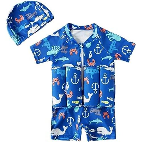 Kids Floatation Swimsuits Baby Boys Girls One Piece Float Suit Short Sleeve Swim Vest Zip up Buoyancy Swimwear +Cap
