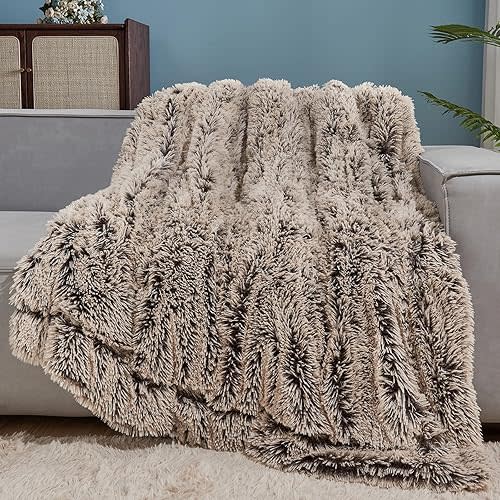 GONAAP Fuzzy Faux Fur Throw Blanket Frosty Brown Super Soft Cozy Plush Fuzzy Shaggy Blanket for Couch Sofa Bed (Frosty Brown, Throw(50"x60"))