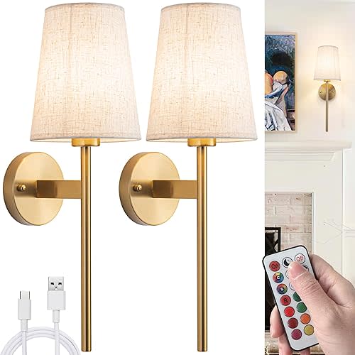Battery Operated Wall Sconces Set of 2, Wireless Wall Sconce with Remote, Battery Operated Wall Lights Fabric Shade, 50 Hours Long Life Rechargeable Blub RGB Dimmable,Perfect Indoor Lighting