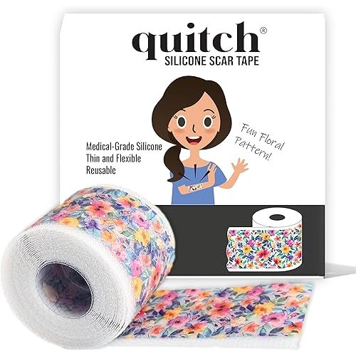 Quitch Silicone Scar Sheets for Surgical Scars, Silicone Scar Tape, C Section Recovery Must Haves, Tummy Tuck Recovery Must Haves, Postpartum Essentials Scar Treatment (Floral) 4x150cm