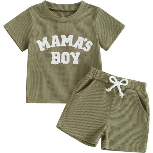 Kupretty Toddler Baby Boy Summer Clothes Embroiderey Waffle Knit Short Sleeve T-Shirt Tees + Casual Shorts Cute Clothing Set