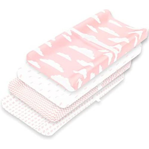 Premium Baby Changing Pad Covers 4 Pack – Girl – Pure Cotton Machine Washable Pink and White Changing Table Cover – Diaper Changing Pad Cover Sheets