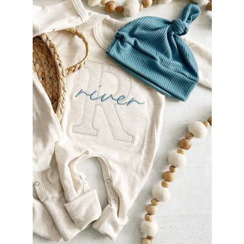 Personalized oatmeal and blue baby romper and hat set, fold over footies, coming home outfit, baby shower gift, embroidered neutral romper