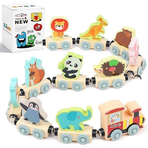 LovesTown Magnetic Train Set for Toddlers, Montessori Learning Toys, Magnet Cars with Animals