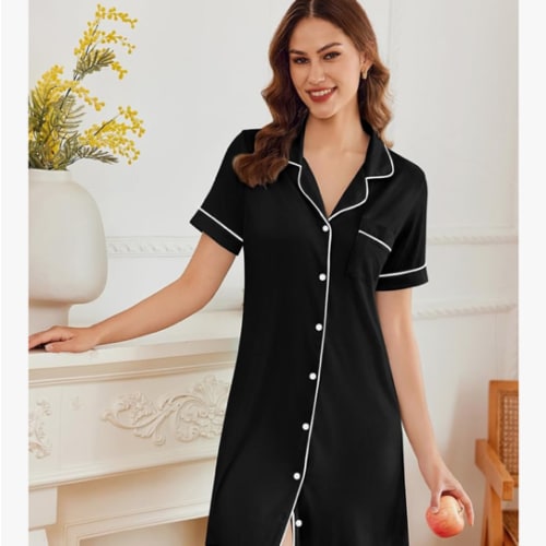 Ekouaer Nightgowns for Women Button Down Sleepshirt Short Sleeve Nightshirt Boyfriend Pajamas V Neck Nightdress S-XXXL