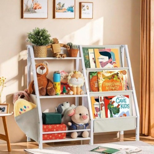 Infurnic Decorative Bookshelf Kids for Kids Rooms, 3 Tier Sling Bookcase Toy Organizer Toddler Nursery Book Shelves, White, 32.7"x 11.8" x 28.9"