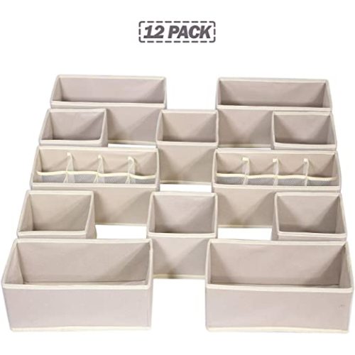 12 Pack Foldable Drawer Organizer Dividers Cloth Storage Box Closet Dresser Organizer Cube Fabric Containers Basket Bins for Underwear Bras Socks Panties Lingeries Nursery Baby Clothes Beige NN246