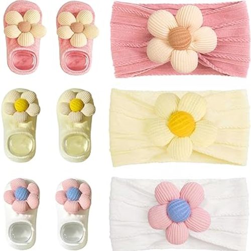 CÉLLOT Baby Girl Headband and Socks, Non-Slip Floral Socks and Soft Floral Nylon Hairbands for Babies Infants and Toddlers