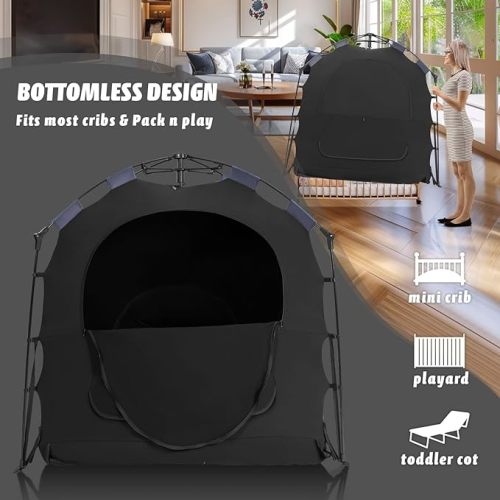 Blackout Tent for Pack and Play, Baby Sleep Pod, Portable Blackout Cover, Travel Crib Canopy, 1-Click Set Up Sleep Pod Blocks 95% of Light（Black） - L55" x W 37" x H 55"