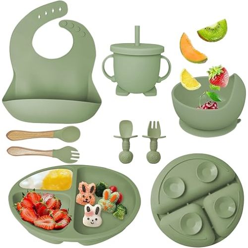 Silicone Baby Feeding Set, Baby Led Weaning Supplies with Suction Bowl Divided Plate, Toddler Self Feeding Dish Set with Spoons Forks Sippy Cup Adjustable Bib, Baby Eating Utensils(Dark Green)