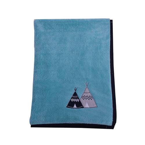 Bacati - Embroidered Baby Plush Blanket, Woodlands Aqua/Navy/Grey