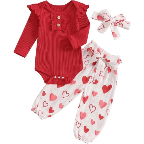 Rtnnsbbfcm Newborn Baby Girl Valentine's + Outfit Long Sleeve Ribbed Romper Heart Print Pants Headband 3Pcs Set