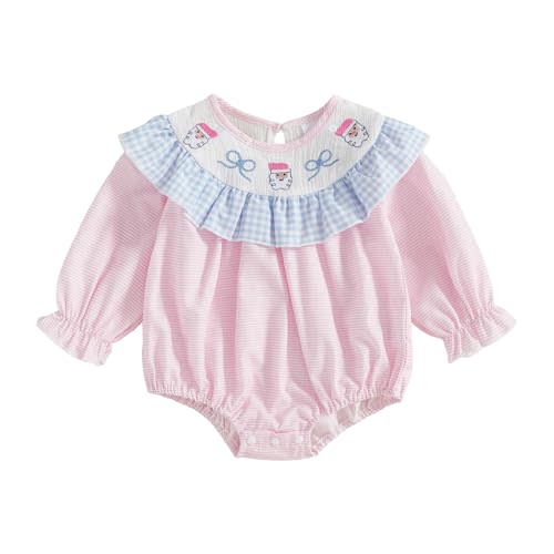 Vicaankue Newborn Infant Baby Girl Christmas Outfit Long Sleeve Smocked Bubble Romper Bow Ruffle Bodysuit Winter Clothes