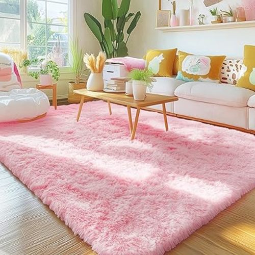 OLANLY Area Rugs for Living Room Bedroom, Machine Washable 4x5.9 Feet Soft Fluffy Shaggy Bedside Rug, Indoor Floor Carpet for Kids Girls and Boys, Dorms, Nursery Rooms, Home Decor Aesthetic, Pink