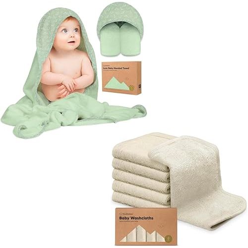 KeaBabies Baby Hooded Towel and 6-Pack Organic Baby Washcloths - Viscose from Bamboo Baby Towel, Soft Bamboo Viscose Washcloth, Infant Towels, Baby Wash Cloths