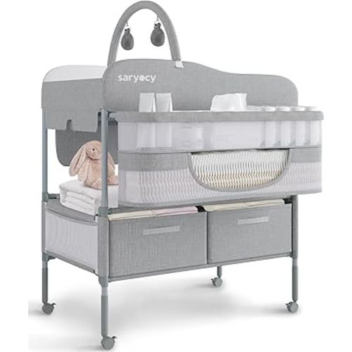 Baby Changing Table, Versatile Folding Changing Table, Waterproof Diaper Changing Station, Adjustable Height with 2 Drawers,Baby Changing Station, Mobile Nursery for Infant and Newborn