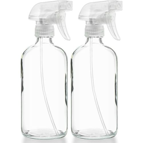 Sally's Organics® Empty Clear Glass Spray Bottles - Refillable 16 oz Containers for Essential Oils, Cleaning Products, Aromatherapy, Misting Plants, or Cooking - Sprayer with Mist and Stream - 2 Pack
