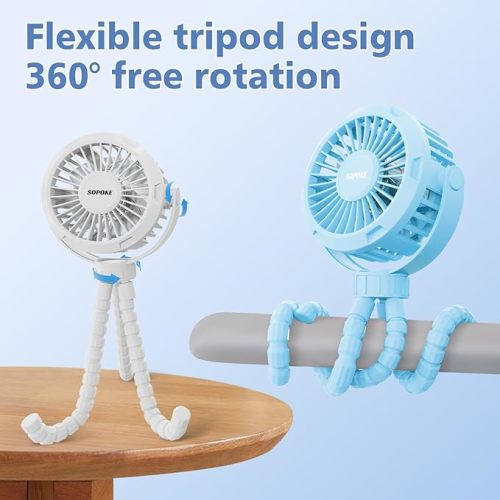 Mini Portable Baby Stroller Fan,3 Speed Personal Handheld Fan,Battery Operated Rechargeable 360° Flexible Tripod Cooling Fan, Suitable for Car Seat Crib Treadmill Golf Cart Travel(White)